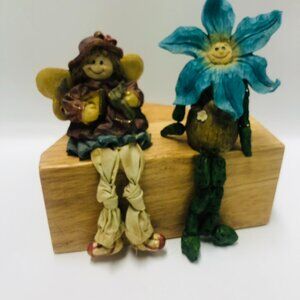 Vintage Anthropomorphic Smiling Flower Shelf Sitter Resin Blue Lily & Angel